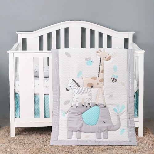 3 Piece Baby Nursery Bedding Sets,Cotton Crib Bedding Set Machine Washable Grey Elephant,Fitted Sheet, Crib Quilt, Dust Ruffle