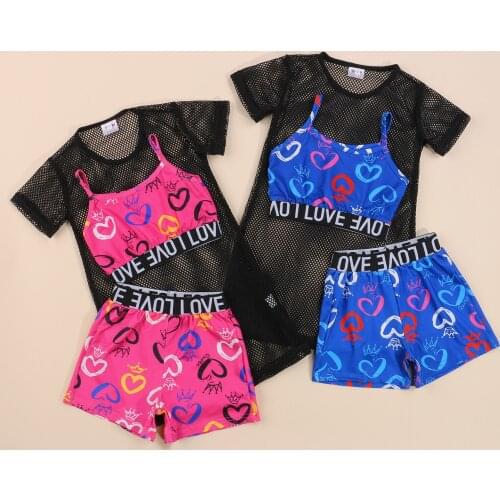 Girls Clothing Sets 2021 Summer Fashion Kids Clothes Mesh T shirt+Letter Heart Printed Vest+Shorts Children Clothing 1-6Y