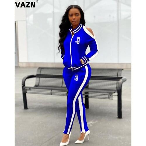 VAZN Autumn Sport Zippers V-neck Striped Comfortable Sexy 2019 Set full sleeve 2 Piece Sets Night Club Young Lady Sport Sets