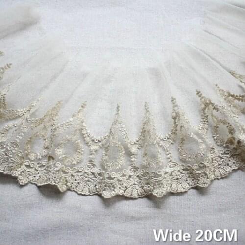 20CM Wide White Tulle Lace Fabric Glitter Gold Thread Embroidery Fringe Ribbon DIY Wedding Dress Apparel Curtains Sewing Decor