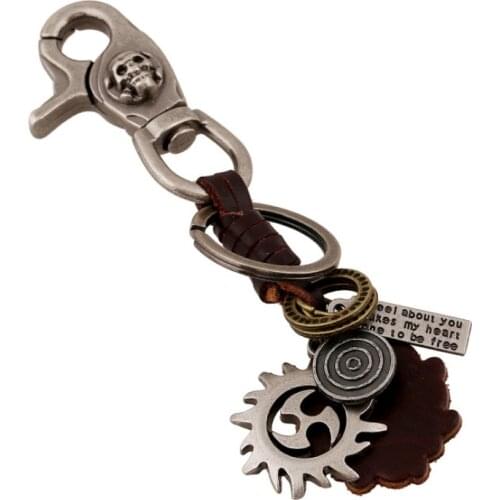 Punk Rock Skull Metal Keychain Antique Wheel Leather Vintage Skeleton Car Key Rings Hiphop Chain Gothic Fashion Men Jewelry Gift