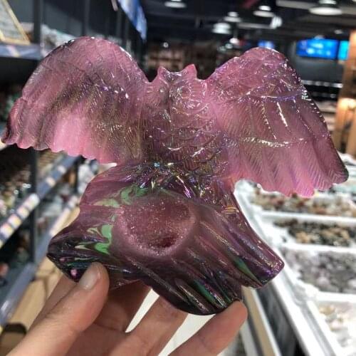 Natural Crystal With Geode, Hand-Carved Owl, Home Room Reiki Healing Stone