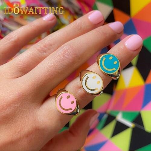 2021 New Gold Color Enamel Happy Smile Smiley Face Big Dome Finger Ring Colorful Women Summer Jewelry Adjust Open Size Midi Ring