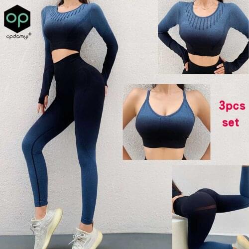 Autumn/Winter New Gradient Seamless Hollow Long-Sleeved Top Sports Bra Womens Leggings Running Fitness 3Pcs Yoga Sportswear Set