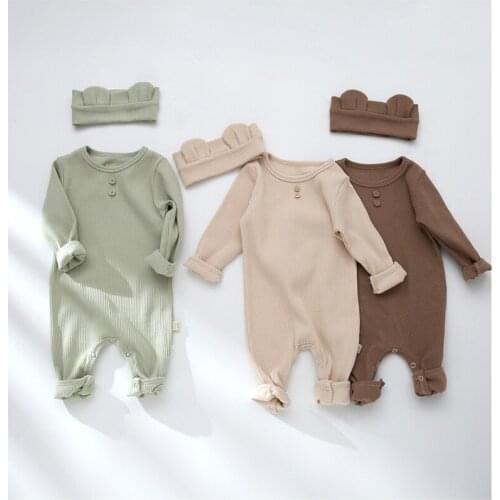 2021 Newborn Baby Boy Girl Solid Color Romper Jumpsuit+Hair Band Suit Long Sleeves Casual Spring Autumn Cotton Soft Baby Costume