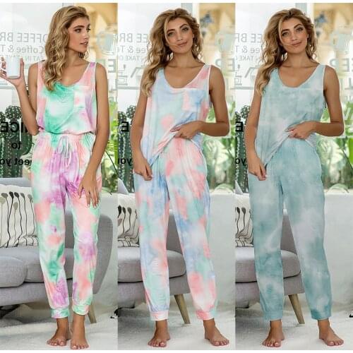 Summer Womens Sleeveless Loose Casual Pajamas Large Size Homewear Matching Sets Women Sleep Wear O Neck Elastic Waist Pant Sets