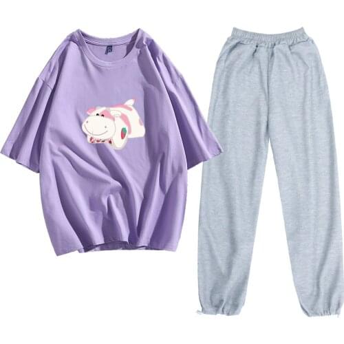 Cow Shirt Cotton Half Sleeve Tees 90s Strawberry Oversized Casual Loose Sweatpants Harajuku Vintage Trousers Women Bottoms Pants