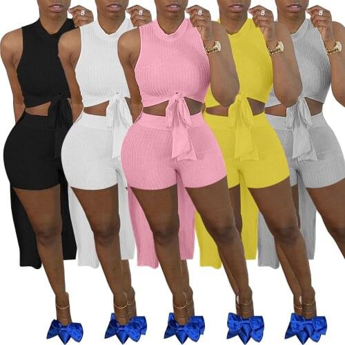 S-2XL summer sets for women clothing solid high elastic ribbed short sleeve round top and shorts two piece outfit Dropshipping