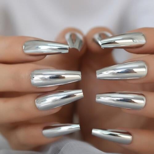 Silver Coffin Fake Nails Long Ballet Metallic False Nail Tips Solid Color Mirror Press On Artificial Nail Salon Manicure