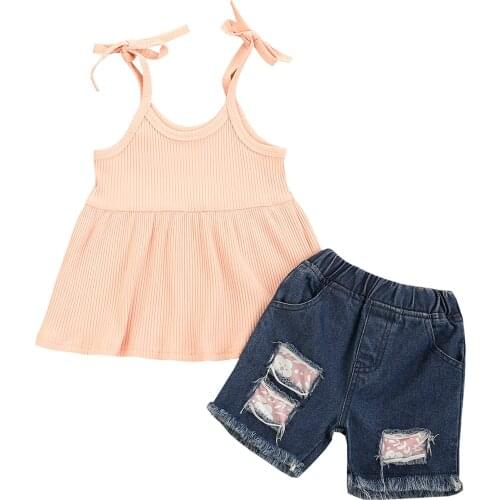 New Kid Camisole Top + Ripped Jeans with Raw Edges, Bow Decoration Elastic Waist Summer Clothing