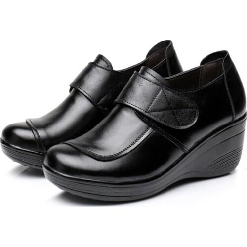 Spring Autumn Womens Pumps Shoes Woman Genuine Leather Wedge Casual Shoes Mother High Heels Fashion Hook Loop Platform Shoes