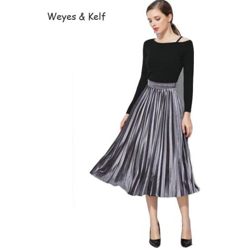 Weyes & Kelf Spring Velvet Long Skirt Women Black 2020 Winter Metal Pleated Skirt Woman Long Black Female Skirts For Women