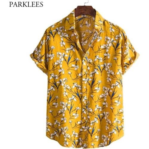 Yellow Floral Hawaiian Shirt for Men 2021 Stylish Summer Short Slevee Tropical Aloha Shirts Casual Button Down Camisa Hawaiana