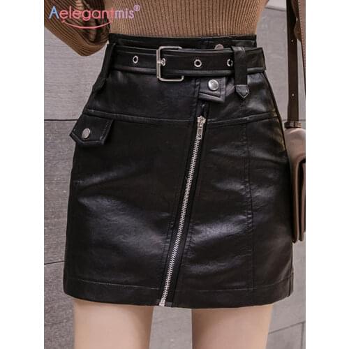 Aelegantmis Slim Faux Leather Skirt Women High Waist Office Lady Pu Mini Skirt Female Casual A Line Short Skirts plus size Chic