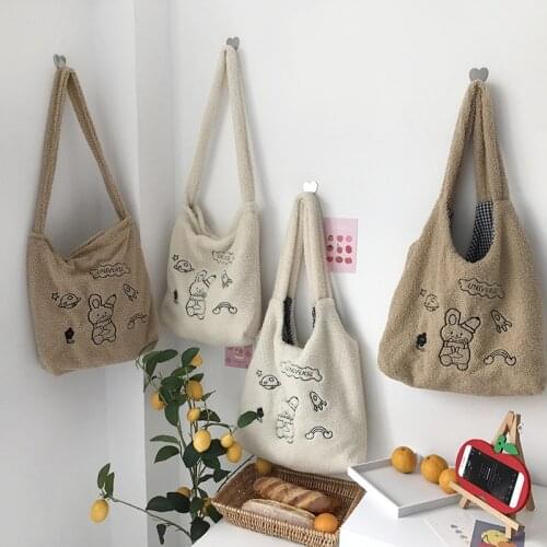 Womens Lamb Fabric Shoulder Bag Handbag Tote Large Capacity Embroidery Shopper Bags Cute Bag For Girls New Bolso De Hombro