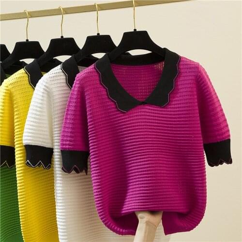 Camisetas Mujer 2021 Hollow Out Striped T Shirt Women Tshirt Contrast Color Knitted Summer T-Shirt Woman Clothes Tee Shirt Femme