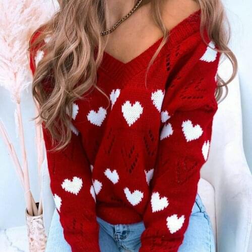 QINJOYER Autumn Winter Women Knitted Sweater Pullover Casual V-Neck Long Sleeve Pullover Women Heart Print Cute Pullover Top