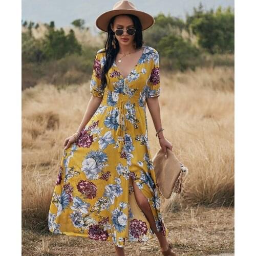 New Women Floral Bohemian Long Dress Sashes V-neck Sexy Lady Dress Beach Female Boho Dress Clothes