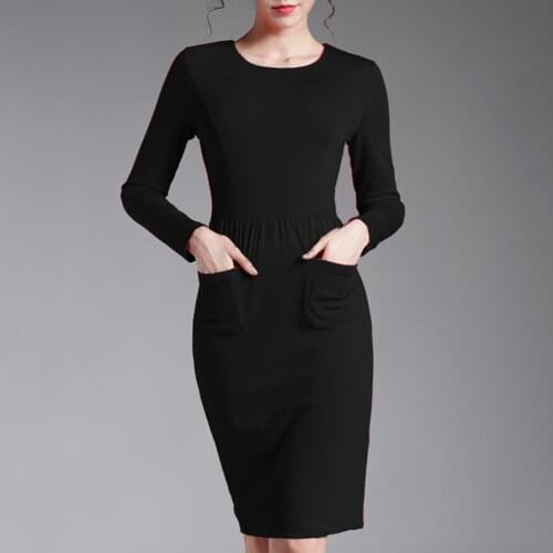 Women fashion Empire Waist Patch Pocket Vintage Fitted Sheath Wear to Work Pencil Midi pencil Dress G456