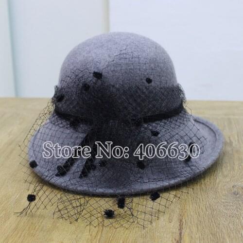 Winter New Wool Bucket Hats For Women Chapeu Fedoras With Net Ladies Felt Cloche Hat Free Shipping ELDW020
