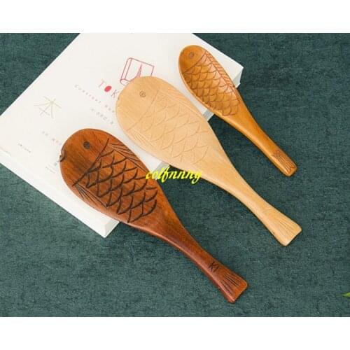 100pcs/lot 15.5cm 19.5cm 20.5cm Wood Rice Spoons Fish Shape Rice Paddle Wooden Tea Spoon Home Kitchen Flatware Spoons Tableware