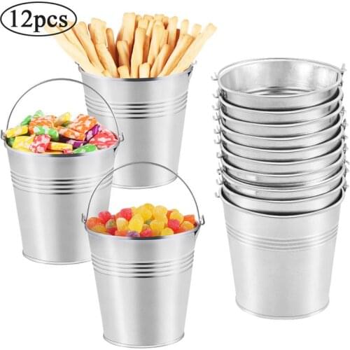 Toyvian 12PCS Metal Buckets Pots Mini Tinplate Bucket Barrel Tinplate Mini Bucket Icing French Fries Candy Bar Snacks Tin Pails