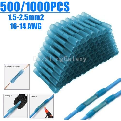 500/1000PCS Blue Heat Shrink Butt Terminals Insulated Electrical Wire Connectors 16-14 AWG Cable Crimping Terminals Connector