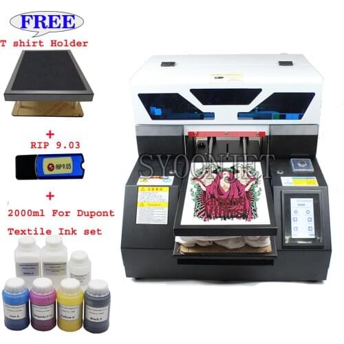 Automatic dtg A4 dark T-shirt Jeans textile fabric Printer with Textile ink set with Touch screen &White ink cycle system
