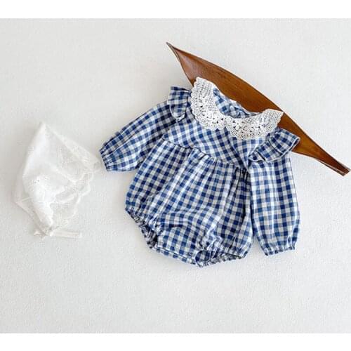 Princess Sweet Lace Baby Girl Romper Jumpsuit Long Sleeves Lace Lapel Plaid Bodysuit Spring Autumn Toddler Baby Clothes