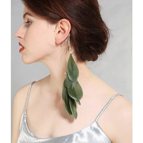 Europeanand American fashionable Bohemian style fringed feather long earlobe, temperament superabundant without hole elf earring