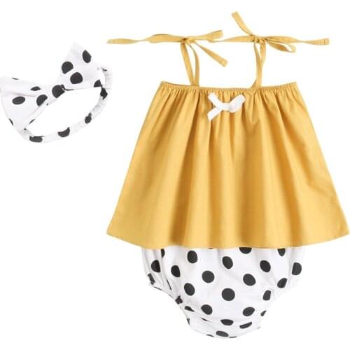 3pcs/set Baby Girl Clothes Set Sling Top +Dot Shorts + Bowknot Headband Sleeveless Infant Summer Outfits