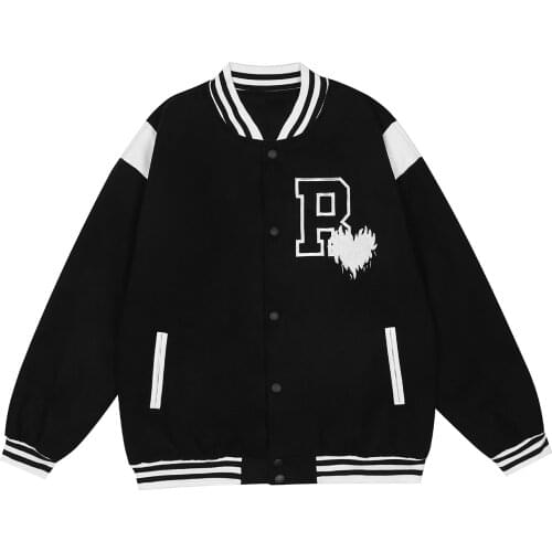 LACIBLE Men Hip Hop Bomber Jacket Streetwear Vintage Heart Flame Embroidery Baseball Jacket Coat 2021 Autumn Cotton Jacket Black