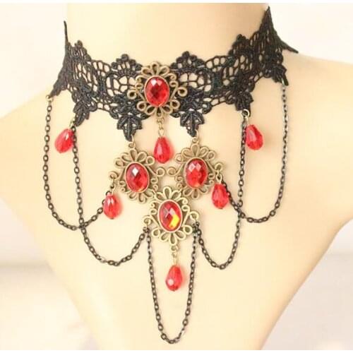 Fashion Women`s Shiny Red Crystal Drops Lace Choker Necklace