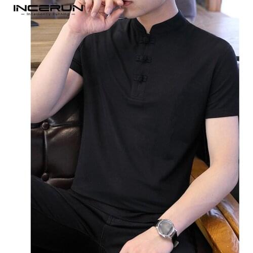 Chinese Style Men Shirt Solid Color 2021 Button Stand Collar Casual Tops Short Sleeve Vintage Streetwear Camisas S-5XL INCERUN