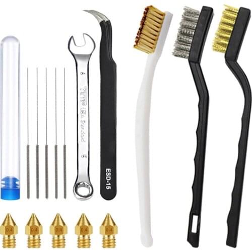 3D Printer Hot Bed Cleaning Kit 0.4 mm MK8 Extruder Nozzle Tweezers Cleaning Needle Cleaning Brush Nozzle Cleaning Kit