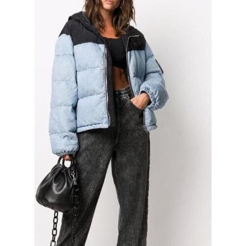 Autumn 10.24 Winter 2021 New Hooded Patchwork Denim Zipper Women Contrast Color Casual Loose Thick Down Jacket Coat
