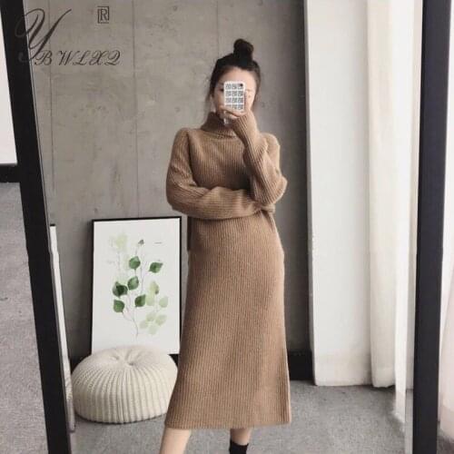 Fall Winter Turtleneck Knitted Sweater Dress Korean Fashion Elastic Bottoming Dress Women Elegant Solid Long Sleeve Warm Dresses