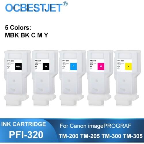 PFI-320 PFI320 Refillable Ink Cartridge With Permanent Chips For Canon TM-200 TM200 TM-205 TM-300 TM-305 TM300 300ML 5Colors/Set