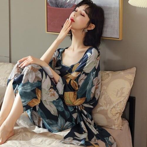 3Piece PJS Suit Spring Summer Women Pajamas Sets Floral Print Viscose Robe Top and Pant Female Sleepwear Night Suit Sleepwear