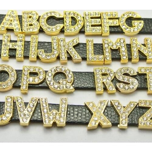 26 Gold Alloy Rhinestone Alphabet Letter "A-Z"Slide Charm Fit 10mm Wristbands