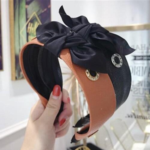Black PU Leather Headband Bow for Women Hair Accessories Wide Hairband Bow Knotted Center Head Band Adults Hair Bow Headband New