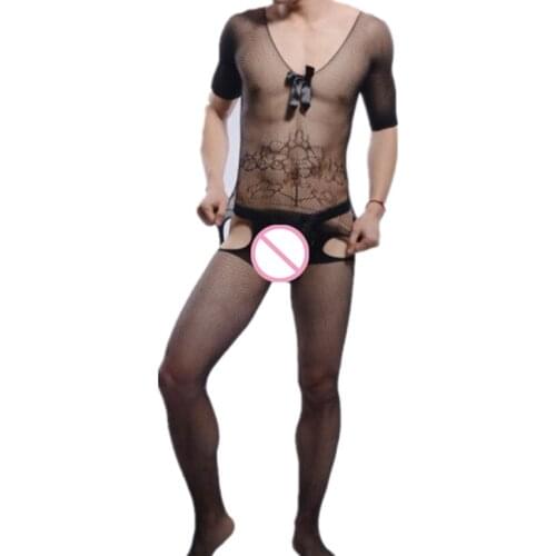Sexy Lingerie Mens Fishnet Bodysuit Husband Gift Male Underwear Sexy Jumpsuit Bow Sleepwear Short Sleeve Nightdown Dropshipping