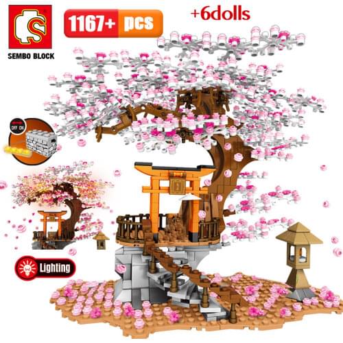 SEMBO City Street View Idea Sakura Inari Shrine Bricks Friends Cherry Blossom Electric Creator House Tree Building Blocks Toys