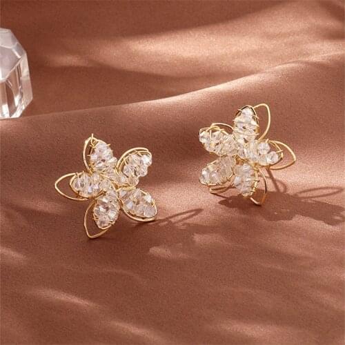Stud Earrings for Women Fashion Jewelry Lovely Metal Hollow Out Crystal Flower Petals Glass Cute Romantic Ear Stud Party