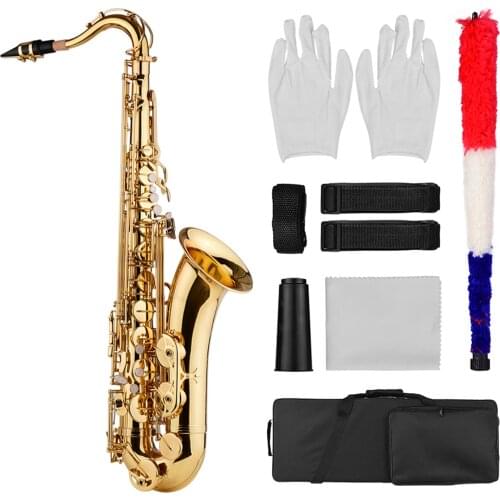 Bb Tenor Saxophone Sax Brass Body Gold Lacquered Surface Woodwind Instrument with Carry Case Gloves Cloth Brush Sax Neck Straps