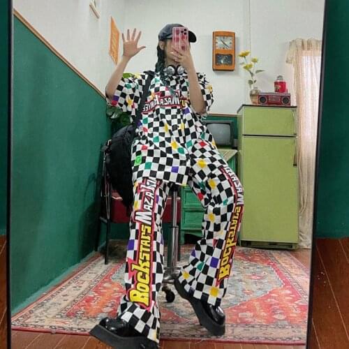 Street hip hop handsome neutral checkerboard retro loose short sleeve shirt straight pants woman
