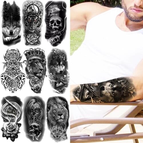 Black Wolf Temporary Tattoos For Men Adults Realistic Tiger Skull Lion Crown Flower Compass Fake Tattoo Sticker Arm Leg Tatoos