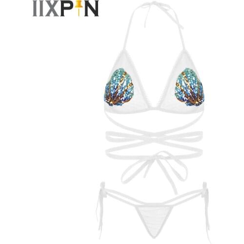 Women Sexy Bra Set Erotic Mermaid Sheer Mesh Lingerie Set Shiny Sequins Shells Tie-on Bra Top With G-string Thongs Underwear Set