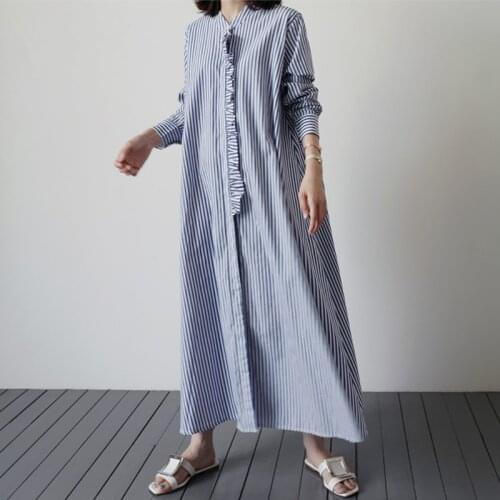 2021 New Spring Autumn Oversize Striped Womens Long Shirt Dress Ruffles Long Sleeve Korean Casual Loose Shirt Dresses Lady