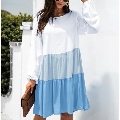 Long Sleeve Summer Dress Women Round Neck Colorful Patchwork Dresses for Women Party A Line Loose Fashion Casual Robes Lady